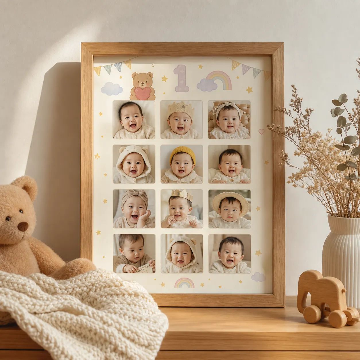 Framed baby milestone poster at home